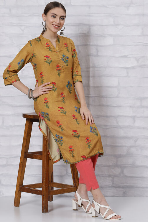 Peach Poly Cotton Straight Kurta image number 5